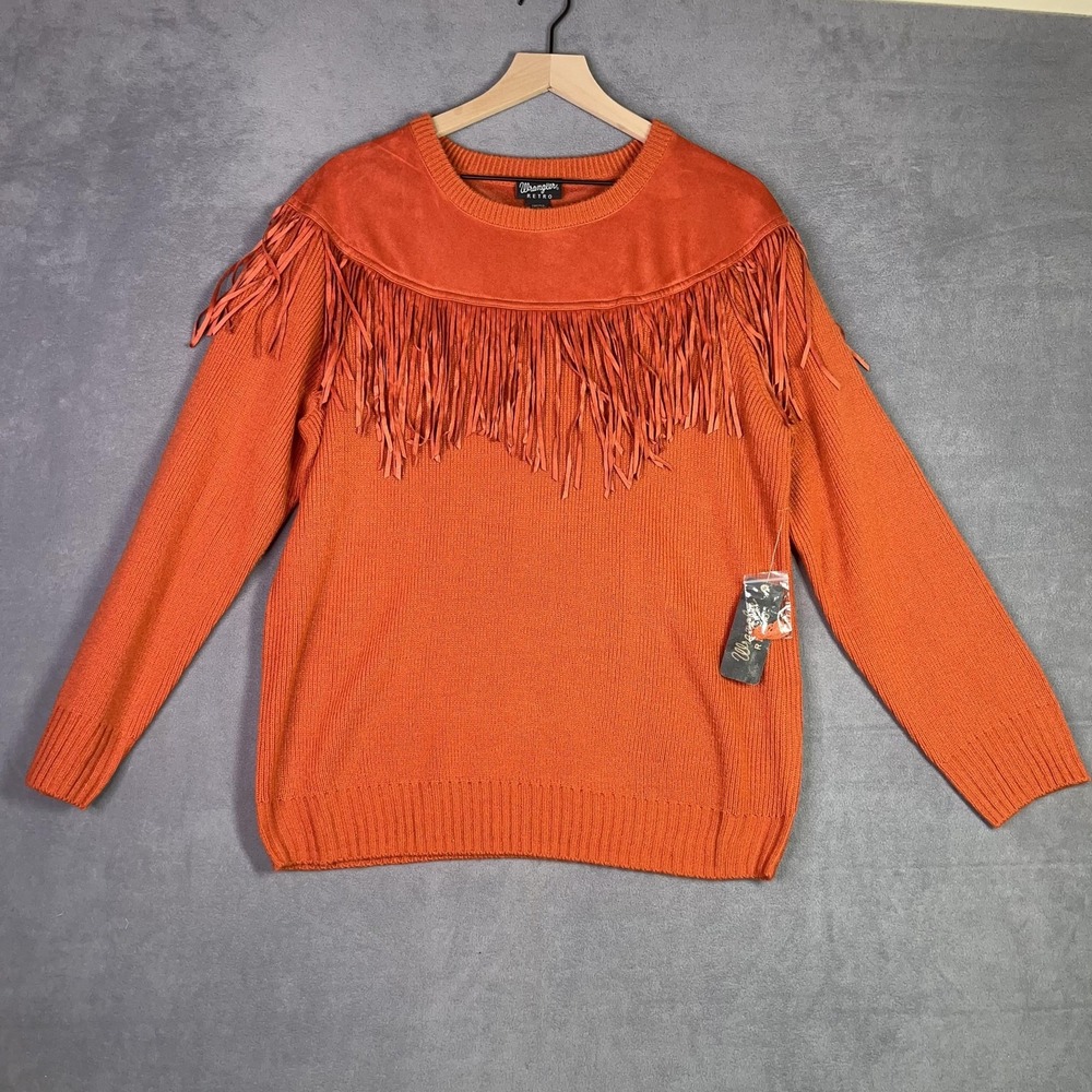Wrangler Retro Fringe Sweater Womens L Orange Faux Suede Western Cowgirl Boho